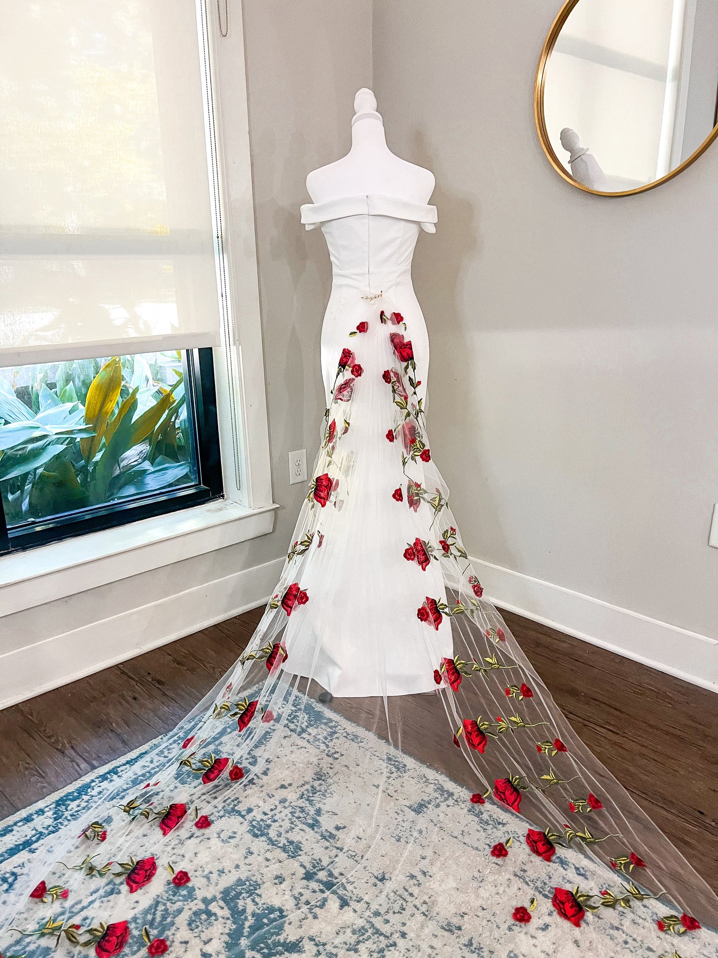 Red Roses Floral Embroidered Detachable Wedding Train with or without Bow