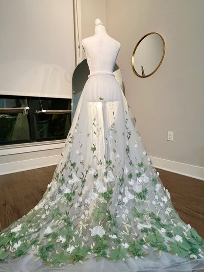 3D Green and White Garden Party Floral Appliqués Detachable Tulle Wedding Train Bridal Overskirt