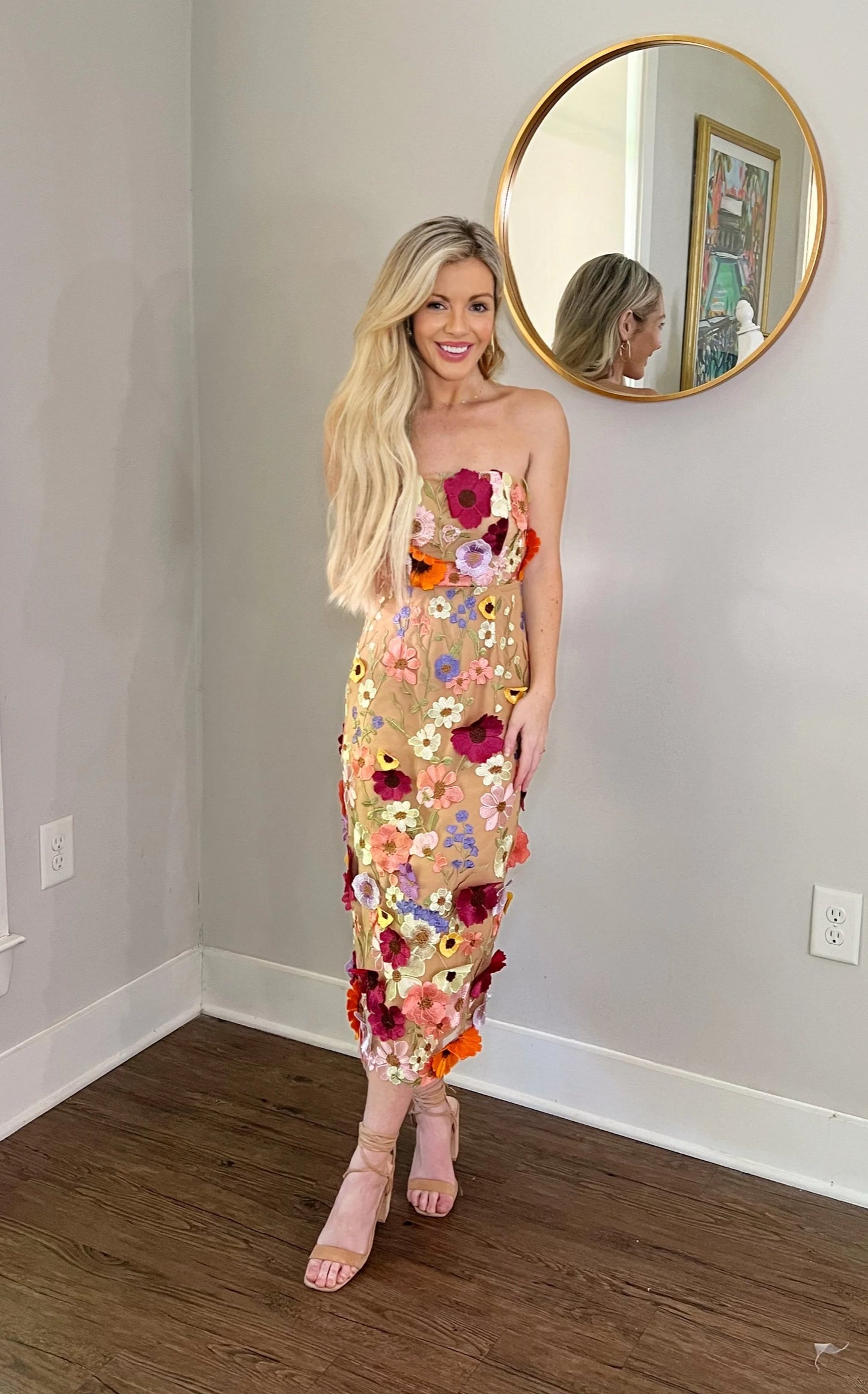 Strapless Wildflower Midi Dress - Chic 3D Floral Cocktail Attire or Wedding Guest Dress