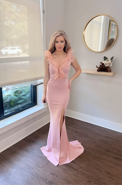 Mauve Ruffle Deep V-Neck Bridesmaid Dress