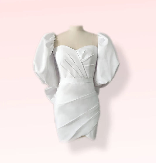 Chic Sweetheart Neckline Satin Short Bridal Dress with Puffed Sleeves & Bow