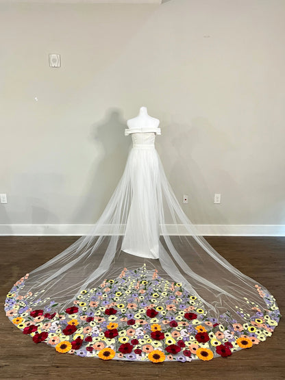 Detachable Tulle Wedding Train with Colorful 3D Floral Flowers Embroidery