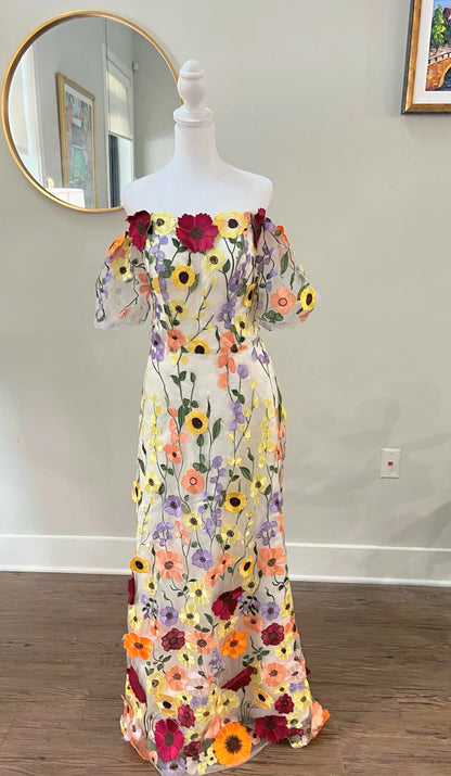 Off Shoulder White and 3D Flowers Floral Wedding Dress