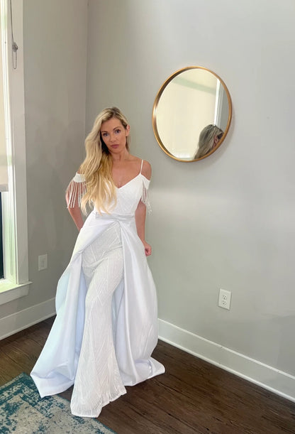 Sequin Off Shoulder Trumpet Wedding Dress with Removable Satin Train