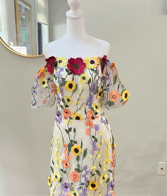 Off Shoulder White and 3D Flowers Floral Wedding Dress
