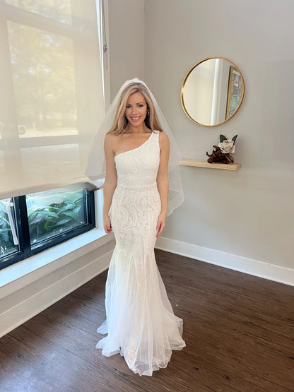 Beaded Sequin One Shoulder Trumpet Wedding Dress
