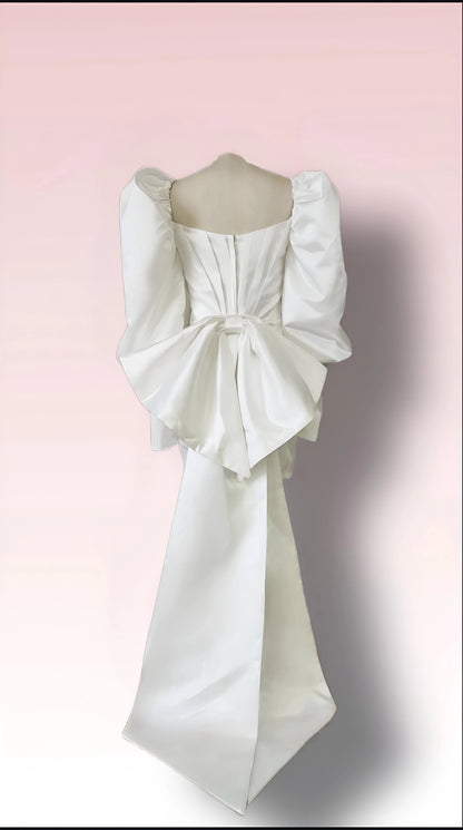 Dramatic Satin Long Puff Sleeves Short Bridal Dress with Big Bow