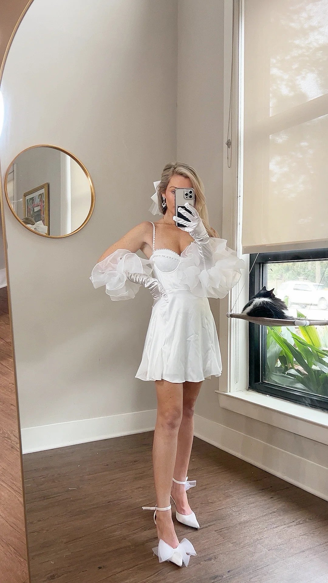 Romantic Statement Satin Wedding Gloves with Tulle Organza Puffy Trim
