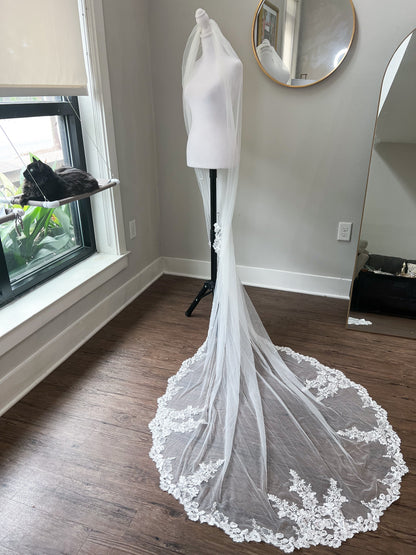 Beautiful Floor Length One Tier Tulle Floral Lace Embroidered Edge Bridal Veil