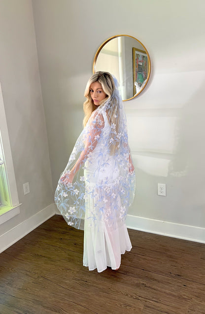 Ethereal Blue and White Blossom Flowers Finger Tip Spring Summer Bridal Veil