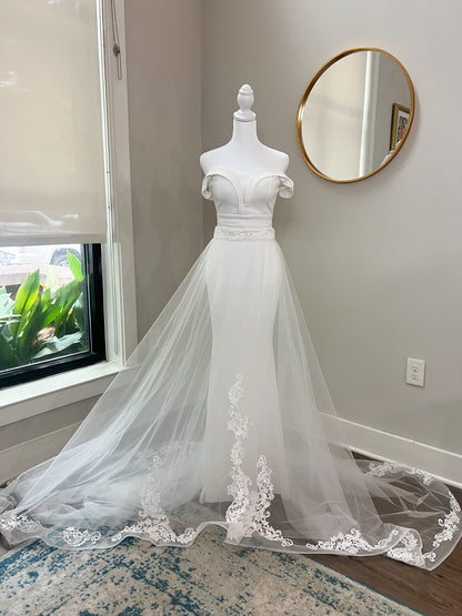 High Waist Embroidered Trim Full Bridal Overskirt with Long Train (2 layers of Tulle)