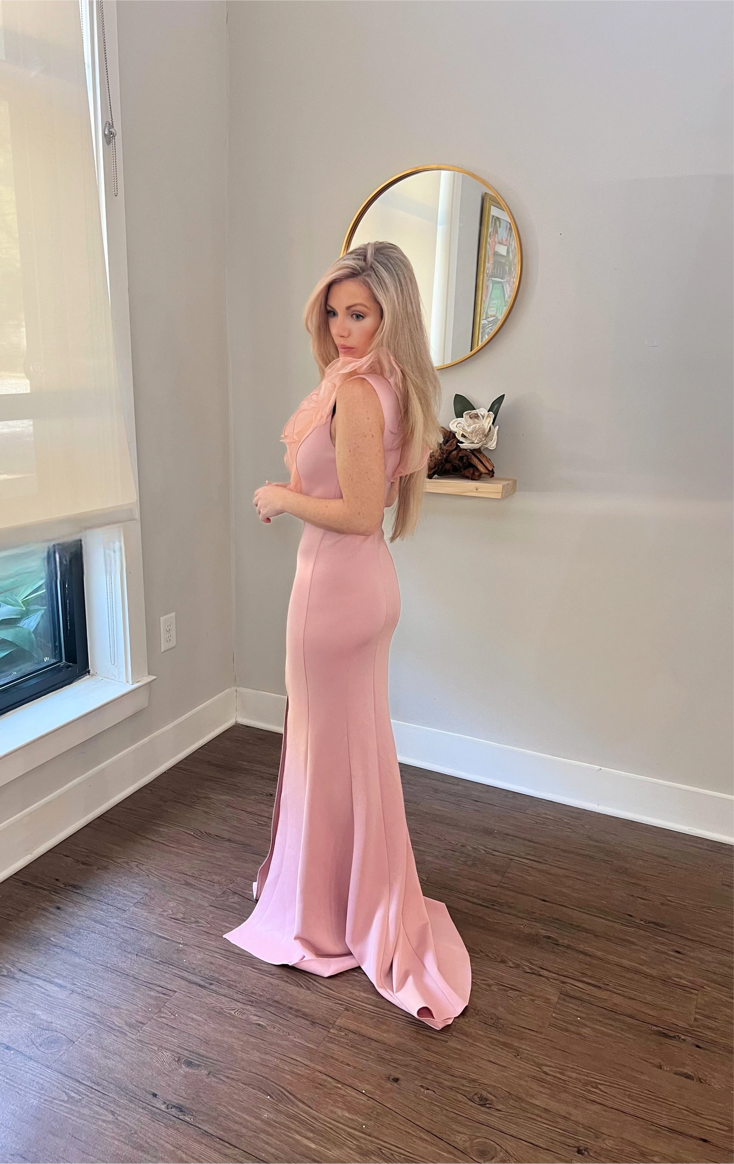 Mauve Ruffle Deep V-Neck Bridesmaid Dress