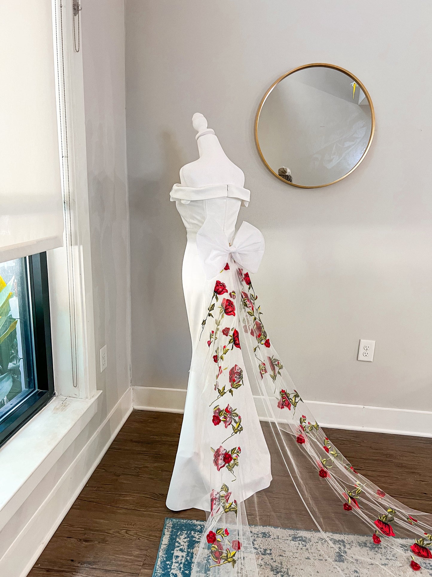 Red Roses Floral Embroidered Detachable Wedding Train with or without Bow