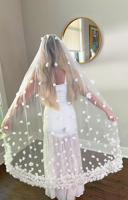 Whimsical Romantic Garden Party 3D White Flower Appliqués Waltz Length Bridal Veil