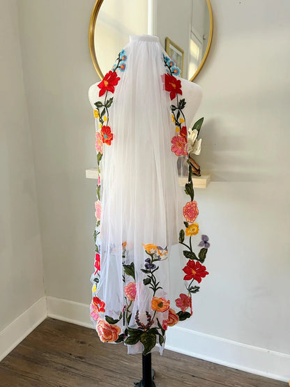 Embroidered Floral Fingertip Wedding Veil – Colorful Boho Bridal Veil with Flowers