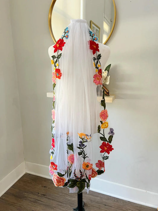 Embroidered Floral Fingertip Wedding Veil – Colorful Boho Bridal Veil with Flowers