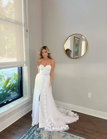 Sweetheart Neckline Wedding Dress with 3D Flower Overskirt