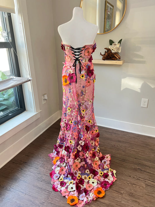 Pink Floral Embroidery Evening Gown