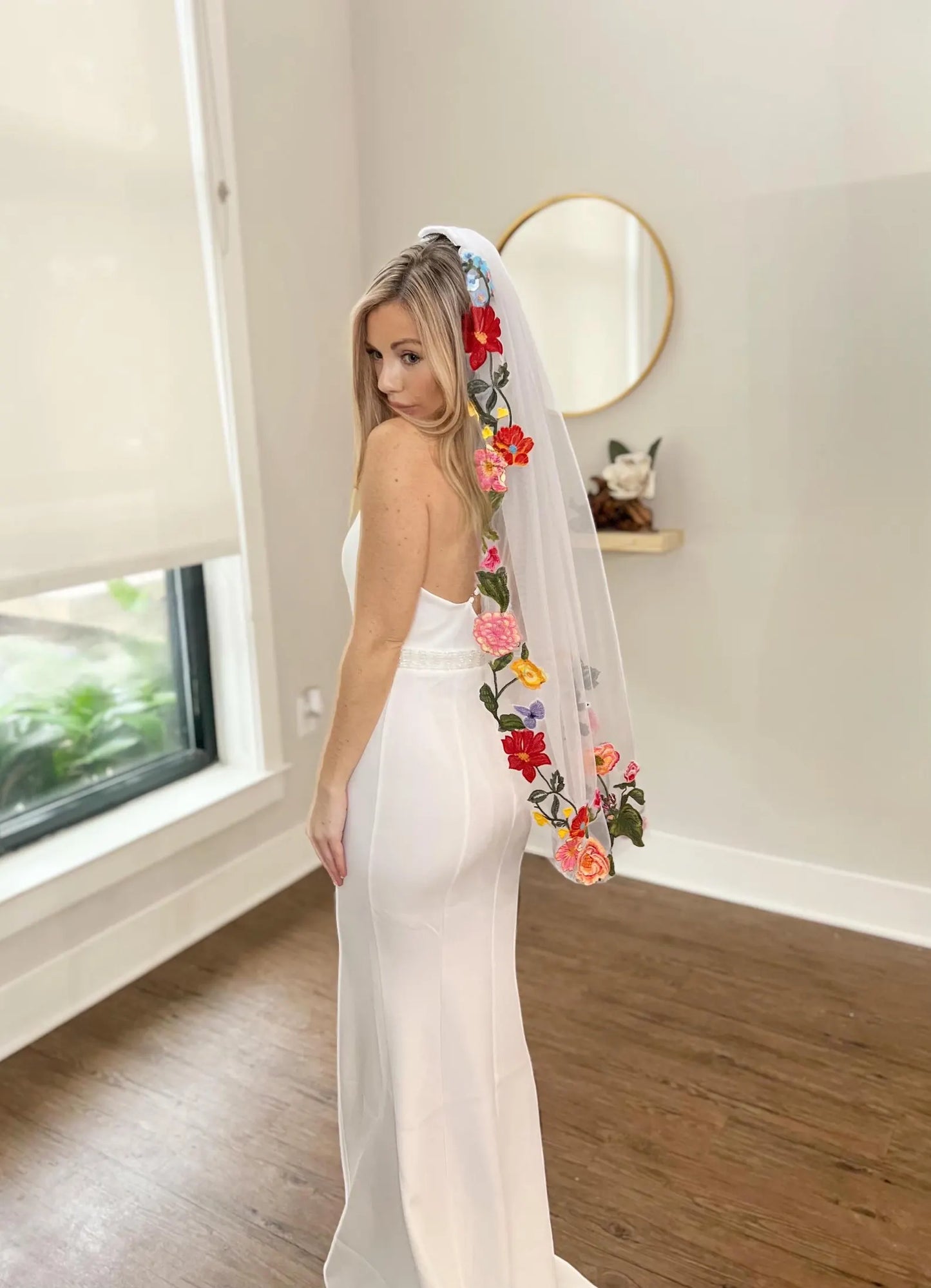 Embroidered Floral Fingertip Wedding Veil – Colorful Boho Bridal Veil with Flowers