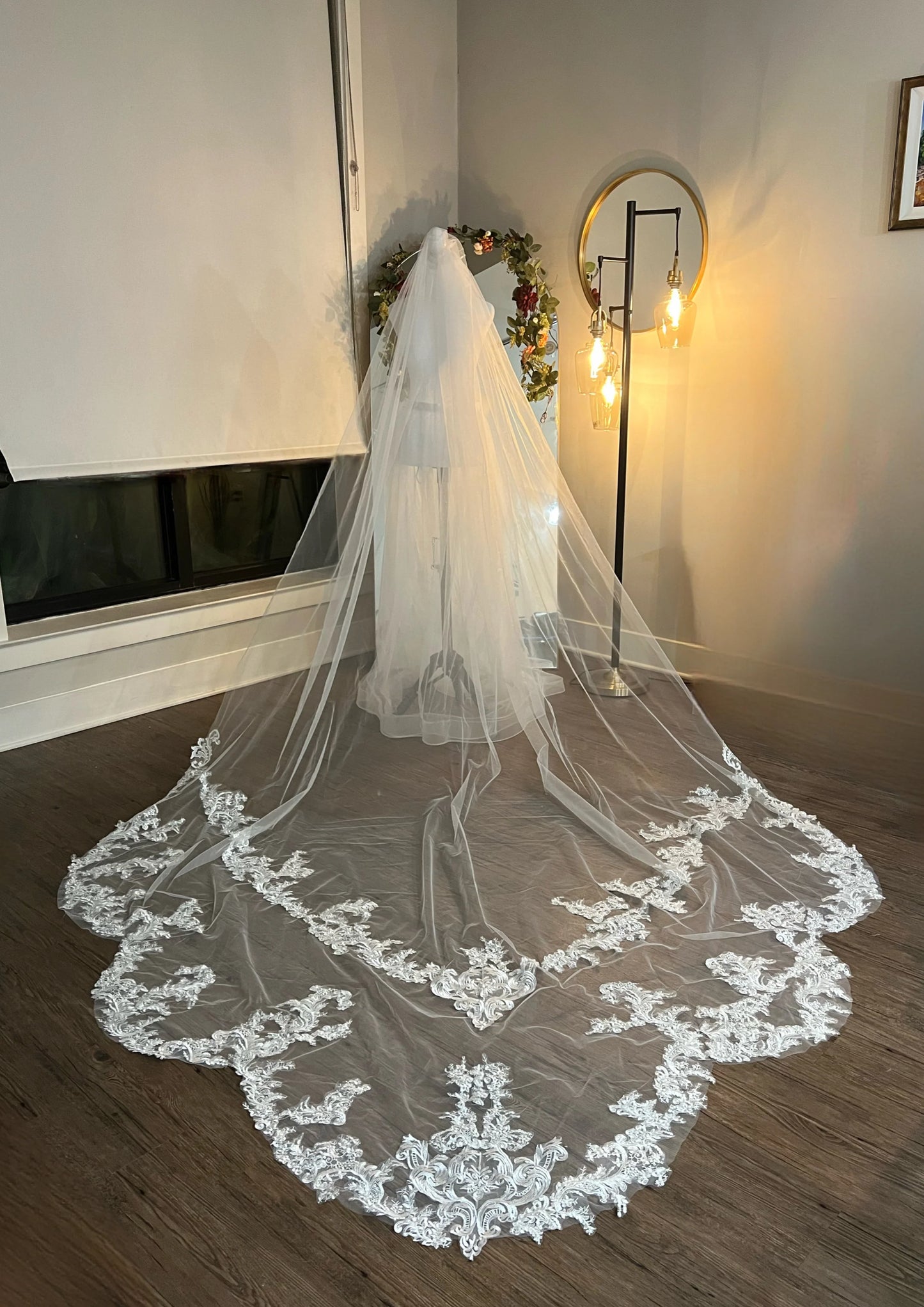 Affordable Scallop Lace Embroidered Cathedral Length Long Wedding Chapel Veil