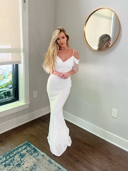 Old Hollywood Beaded Sequin Off Shoulder Trumpet Wedding Dress