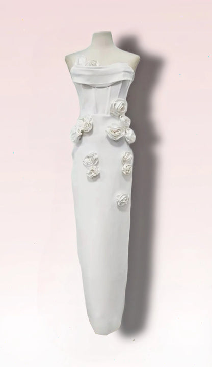 Sweetheart Corset Midi Bridal Dress with 3D White Flower Appliqués