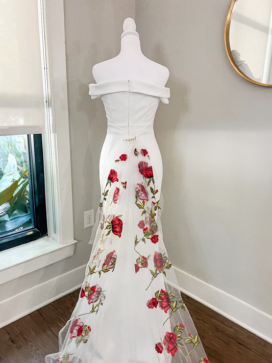 Wedding Dress Two Piece -White Sweetheart Neckline Wedding Dress with Detachable Train with Roses