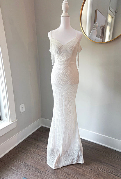 Sequin Off Shoulder Trumpet Wedding Dress with Removable Satin Train