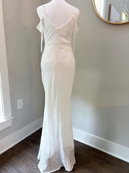 Sequin Off Shoulder Trumpet Wedding Dress with Removable Satin Train
