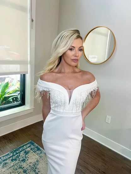 Appliques and Lace Deep V Wedding Dress with Off Shoulder Sleeves and Removable Satin Train Two Piece Set