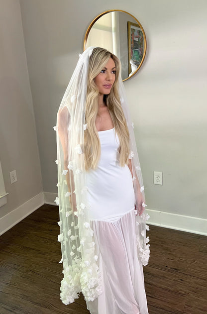 Whimsical Romantic Garden Party 3D White Flower Appliqués Waltz Length Bridal Veil