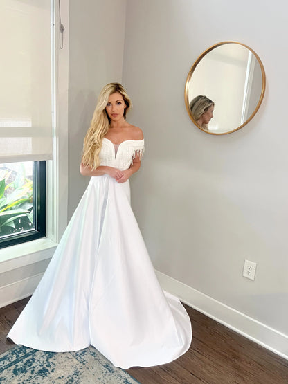 Appliques and Lace Deep V Wedding Dress with Off Shoulder Sleeves and Removable Satin Train Two Piece Set