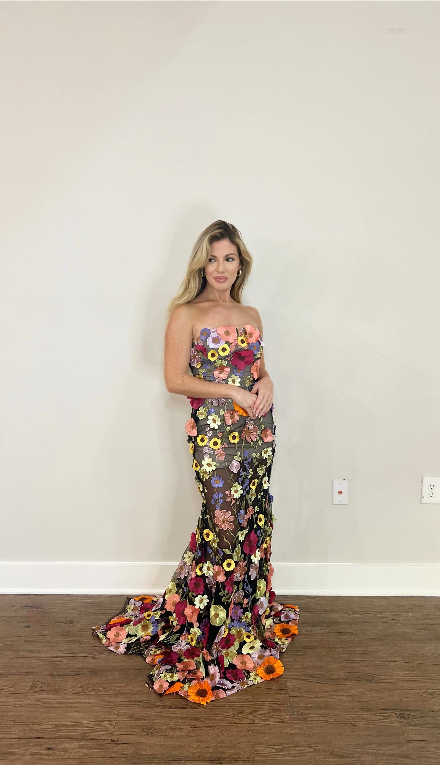 3D Flowers Black Tie Evening Gown Wedding Guest Dress