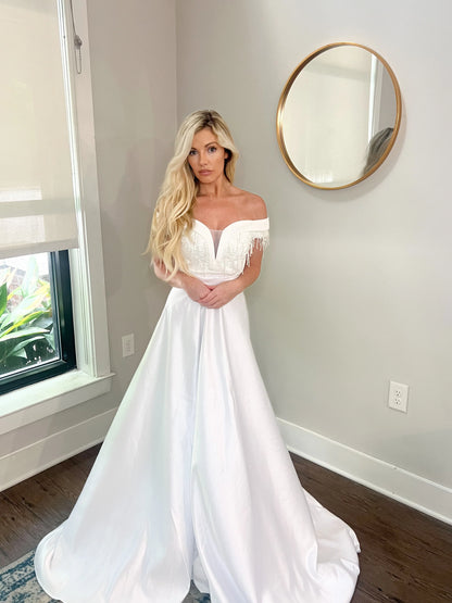 Appliques and Lace Deep V Wedding Dress with Off Shoulder Sleeves and Removable Satin Train Two Piece Set