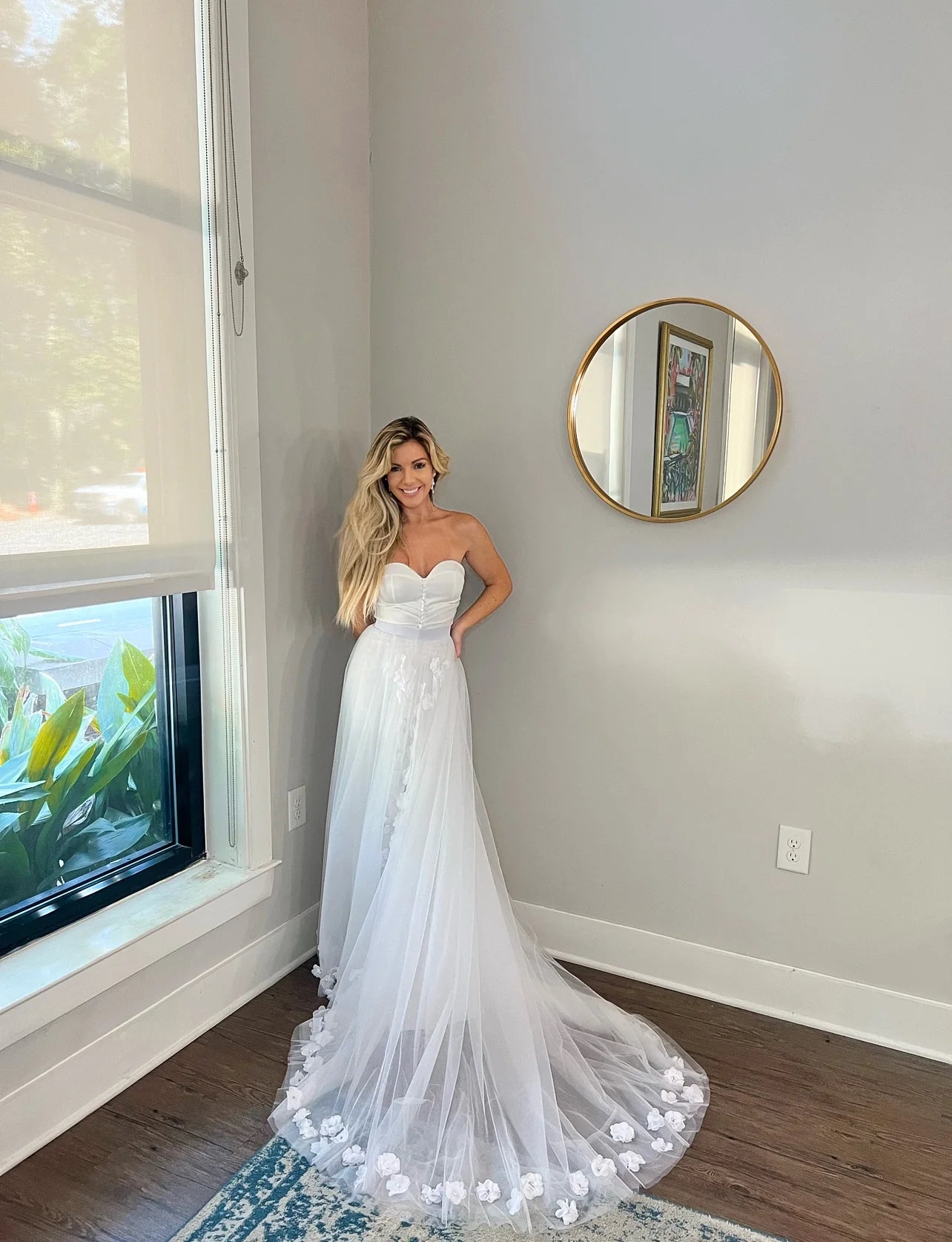 Sweetheart Neckline Wedding Dress with 3D Flower Overskirt