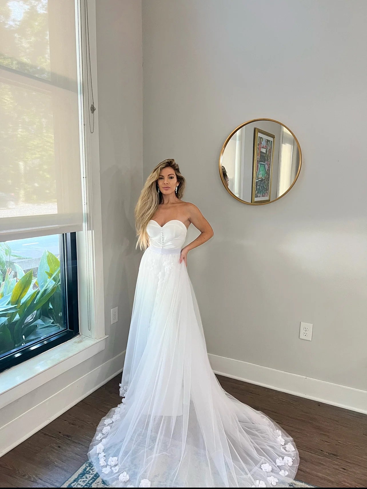Sweetheart Neckline Wedding Dress with 3D Flower Overskirt