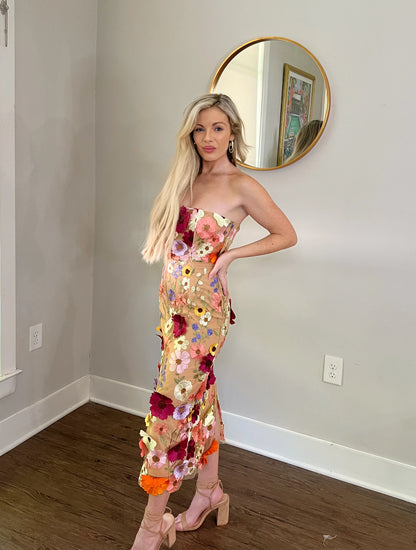 Strapless Wildflower Midi Dress - Chic 3D Floral Cocktail Attire or Wedding Guest Dress
