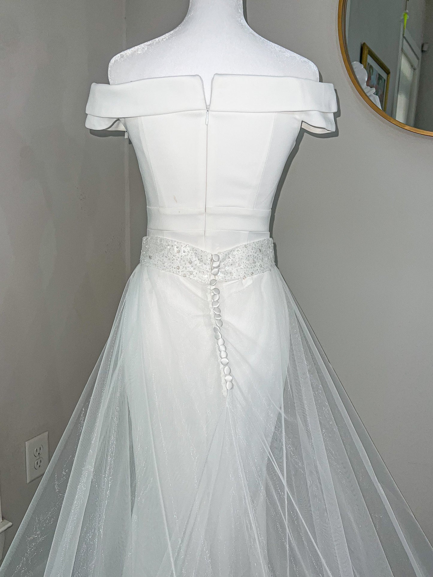High Waist Embroidered Trim Full Bridal Overskirt with Long Train (2 layers of Tulle)