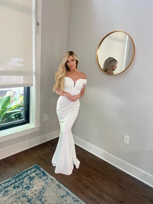 Appliques and Lace Deep V Wedding Dress with Off Shoulder Sleeves and Removable Satin Train Two Piece Set
