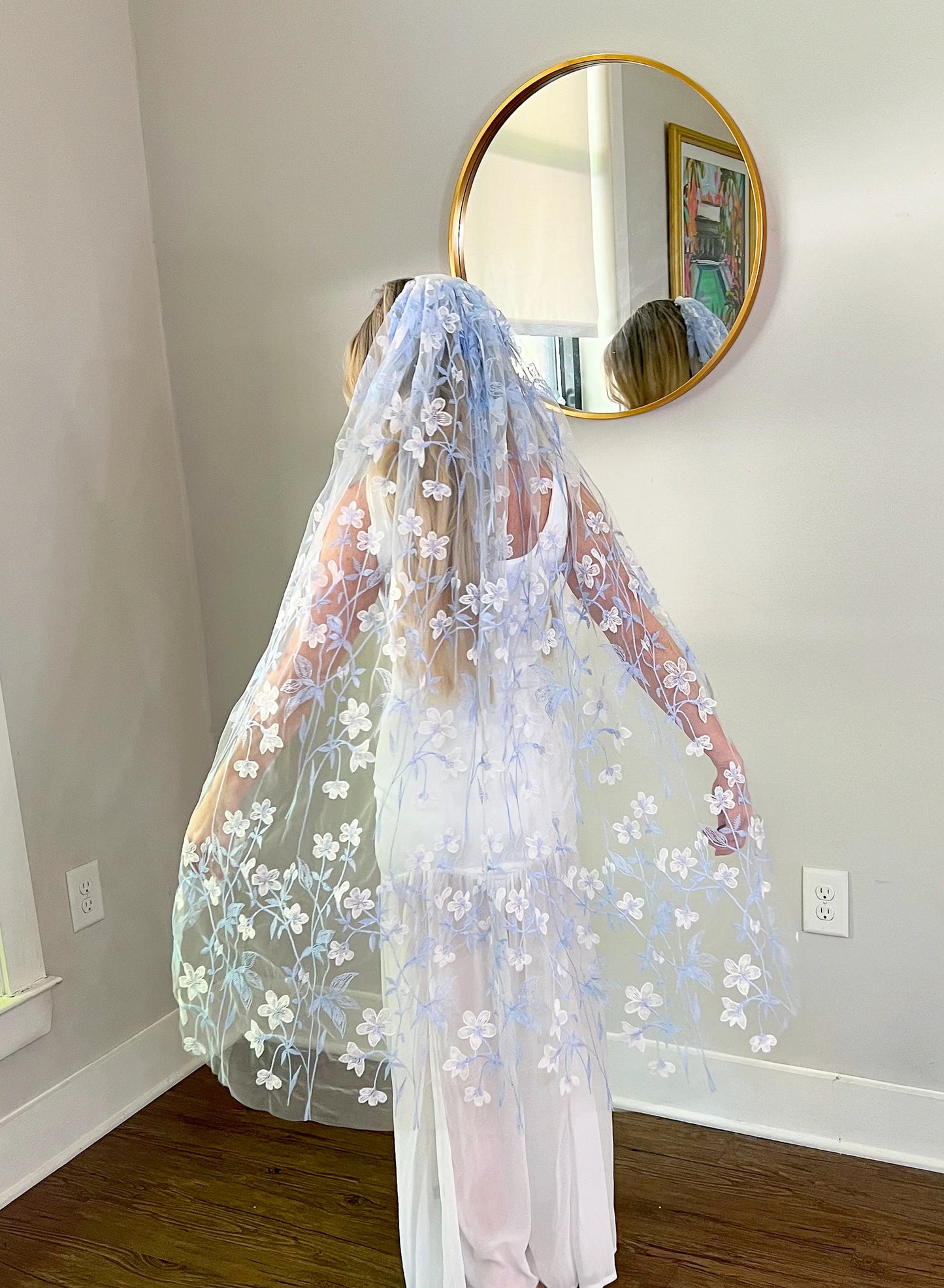 Ethereal Blue and White Blossom Flowers Finger Tip Spring Summer Bridal Veil