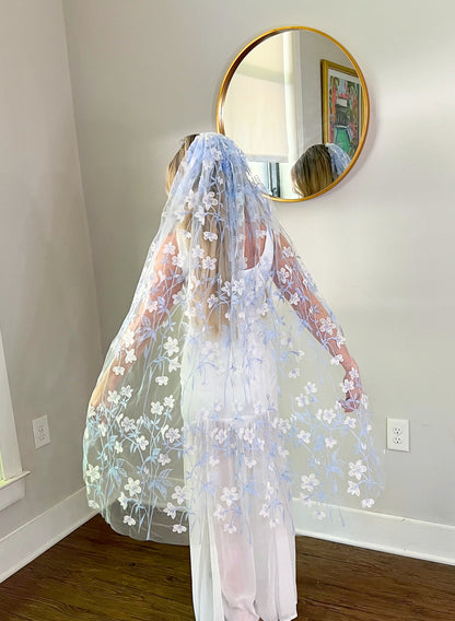 Ethereal Blue and White Blossom Flowers Finger Tip Spring Summer Bridal Veil