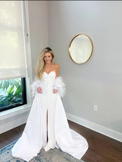 Luxurious Off-Shoulder Cathedral Length Wedding Jacket: Ostrich Feathers & Pearl Sleeves