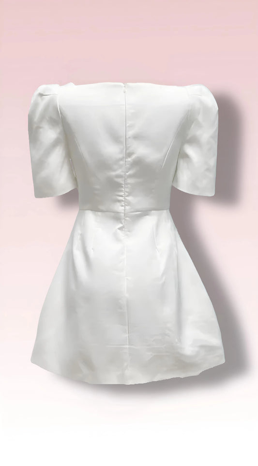 Chic Pearl Embellished Square-Neck Puffy Cap Sleeves Short Wedding Reception or Bridal Shower Dress