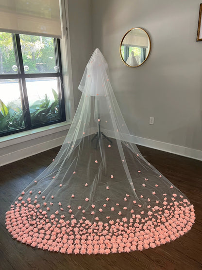 3D Pink Flower Appliqués Cathedral Length Tulle Bridal Veil with Blusher and Comb