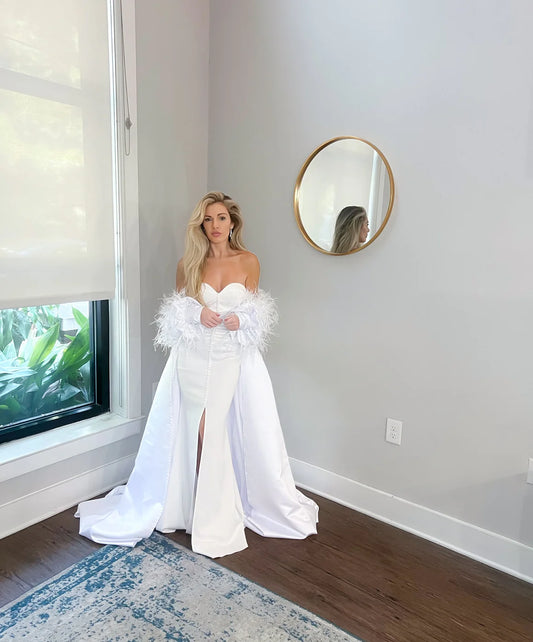 Luxurious Off-Shoulder Cathedral Length Wedding Jacket: Ostrich Feathers & Pearl Sleeves