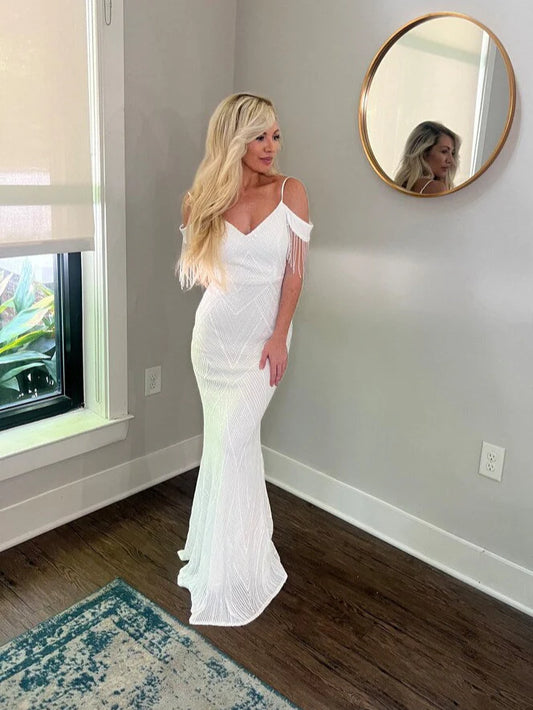 Old Hollywood Beaded Sequin Off Shoulder Trumpet Wedding Dress