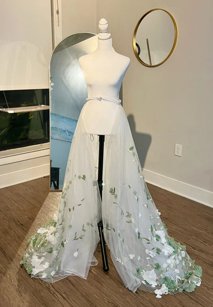 3D Green and White Garden Party Floral Appliqués Detachable Tulle Wedding Train Bridal Overskirt