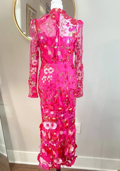 Long Sleeve Hot Pink Floral Midi Wedding Guest Dress