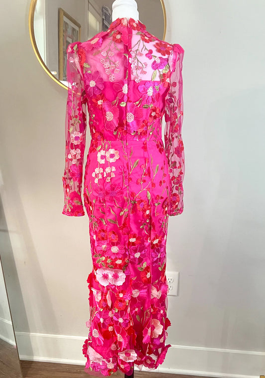 Long Sleeve Hot Pink Floral Midi Wedding Guest Dress