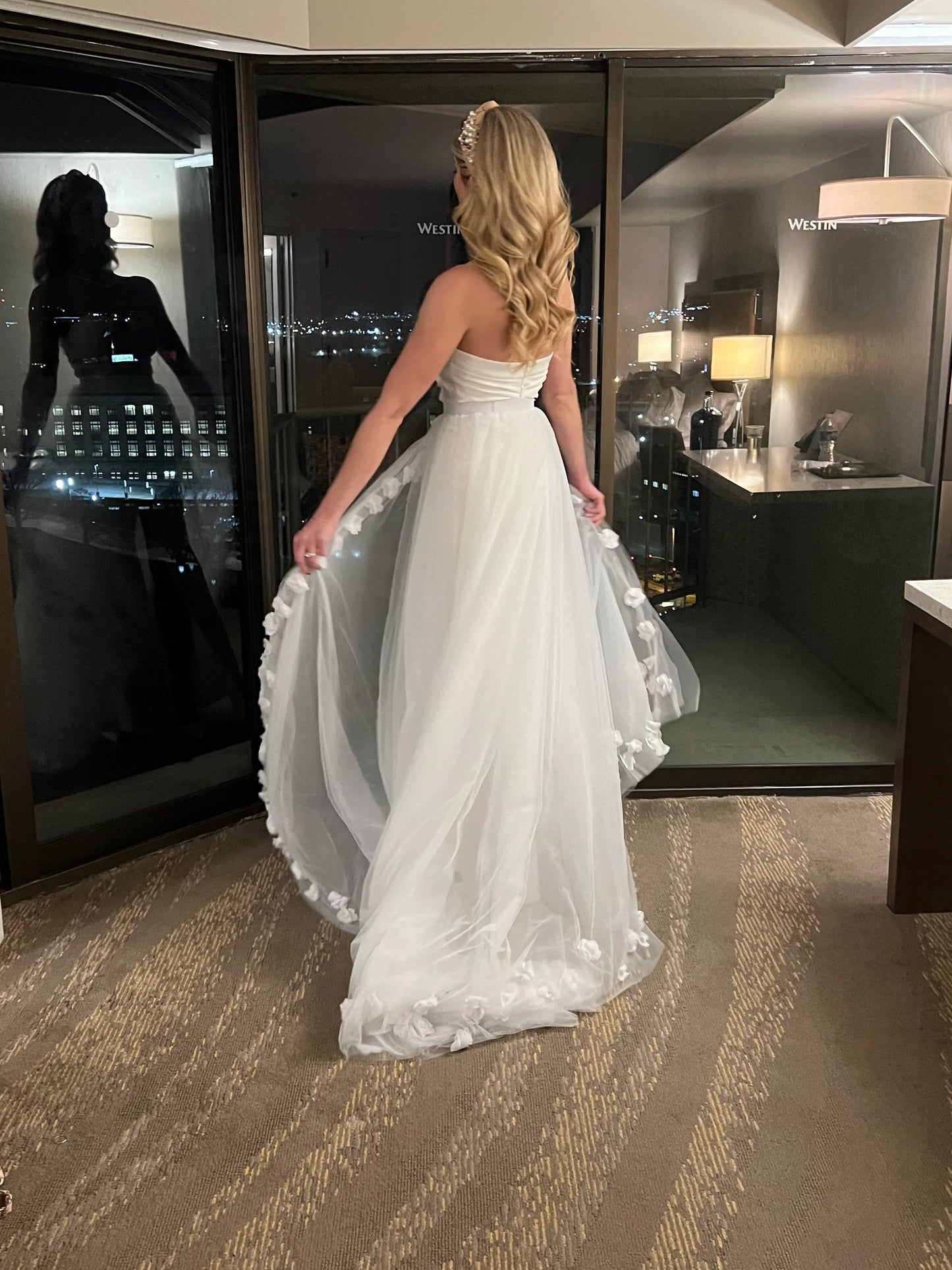 Sweetheart Neckline Wedding Dress with 3D Flower Overskirt